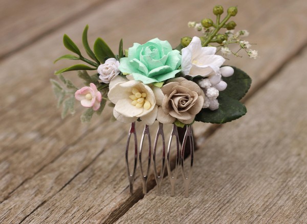 Mint bridal flower hair comb Ivory floral hair piece boho comb